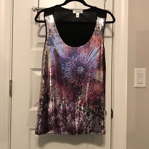 Dressbarn pink & silver floral sequined round neck tank with stretch back (L)